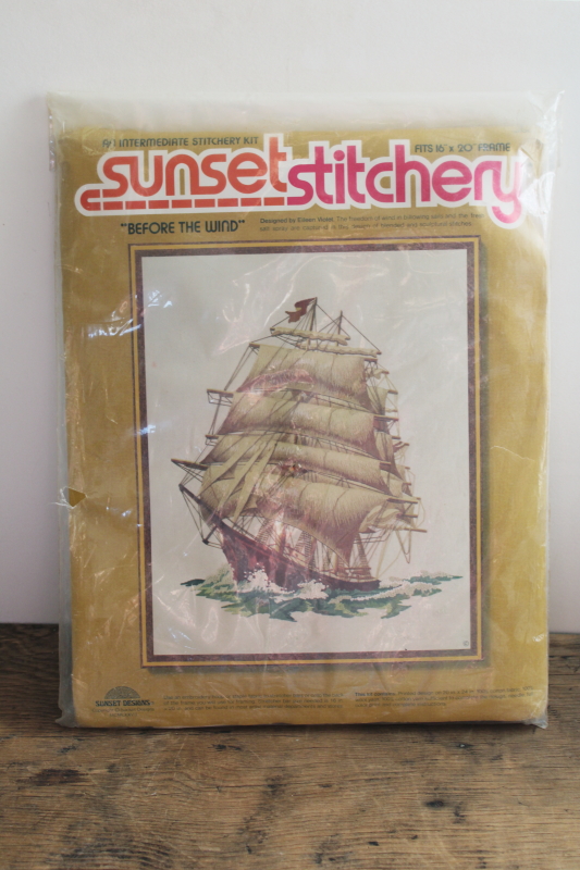 photo of 70s 80s vintage crewel work embroidery kit, tall ship sailing Before the Wind #1