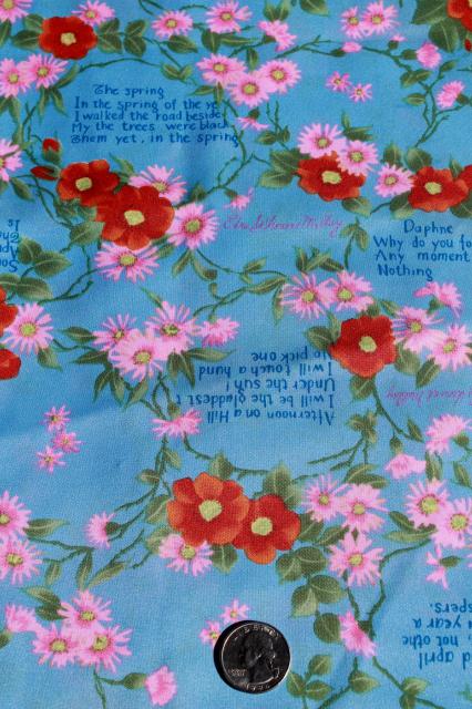 photo of 70s 80s vintage fabric Edna St Vincent Millay poetry quotes on silky poly shirting / lining fabric #1