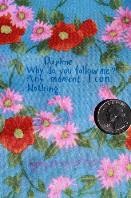 photo of 70s 80s vintage fabric Edna St Vincent Millay poetry quotes on silky poly shirting / lining fabric #3