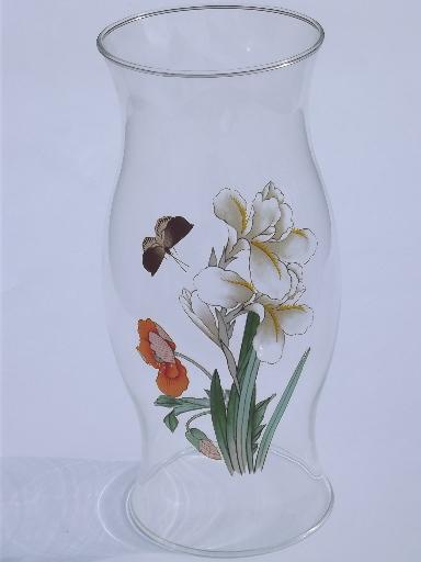 photo of 70s 80s vintage glass hurricane shade, orange poppy, iris and moth butterfly #1