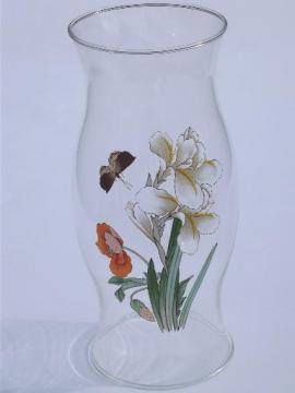 catalog photo of 70s 80s vintage glass hurricane shade, orange poppy, iris and moth butterfly