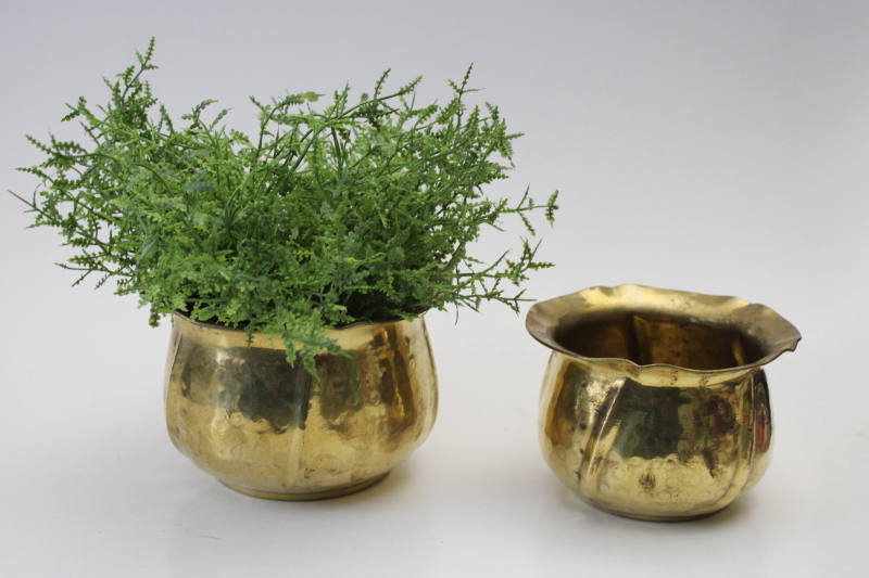 photo of 70s 80s vintage hammered brass planter pots large & small, bright shiny gold brass never used  #7