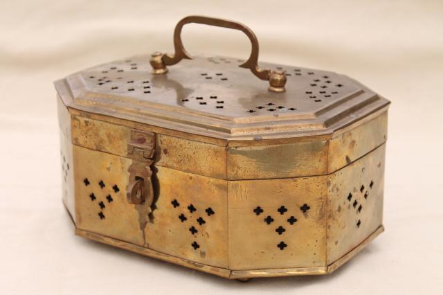 photo of 70s 80s vintage large solid brass cricket box, tea caddy size pierced brass chest #1