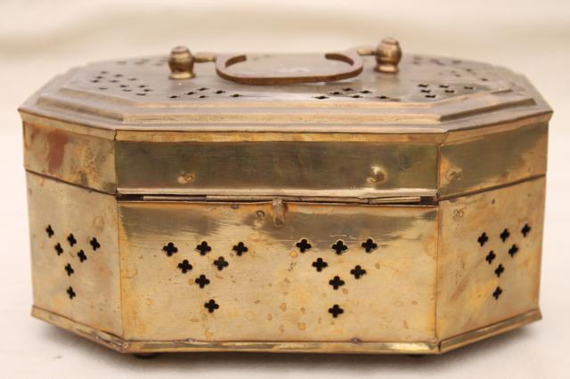 photo of 70s 80s vintage large solid brass cricket box, tea caddy size pierced brass chest #4