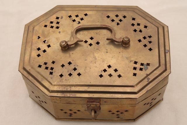 photo of 70s 80s vintage large solid brass cricket box, tea caddy size pierced brass chest #7