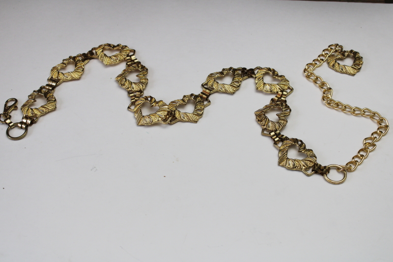 photo of 70s 80s vintage metal chain belt w/ large gold tone hearts, sweet retro girl Valentine's day  #1