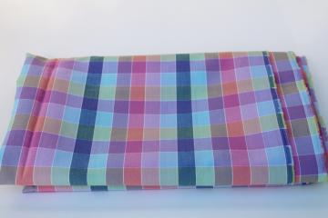 catalog photo of 70s 80s vintage poly cotton blend shirting fabric, plaid checks in cool colors, lavender