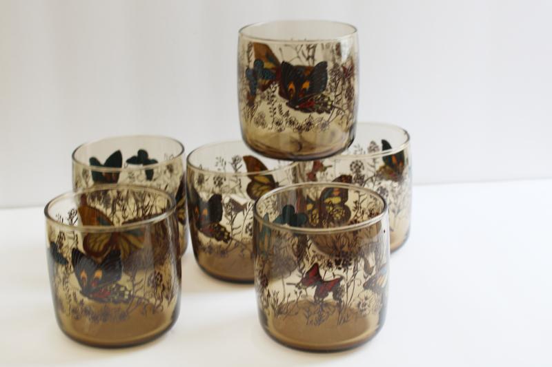 photo of 70s 80s vintage smoke brown butterfly print lowball tumblers, set of 6 drinking glasses #1