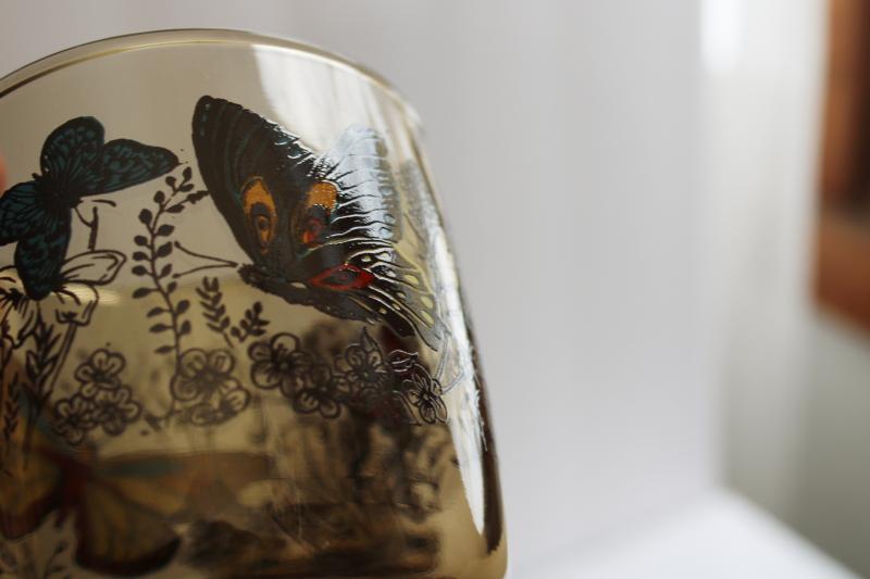 photo of 70s 80s vintage smoke brown butterfly print lowball tumblers, set of 6 drinking glasses #2