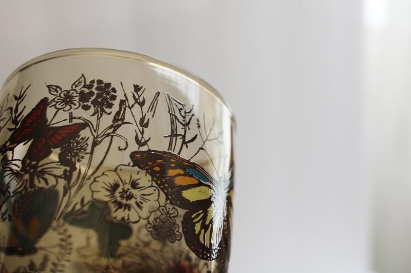 photo of 70s 80s vintage smoke brown butterfly print lowball tumblers, set of 6 drinking glasses #4