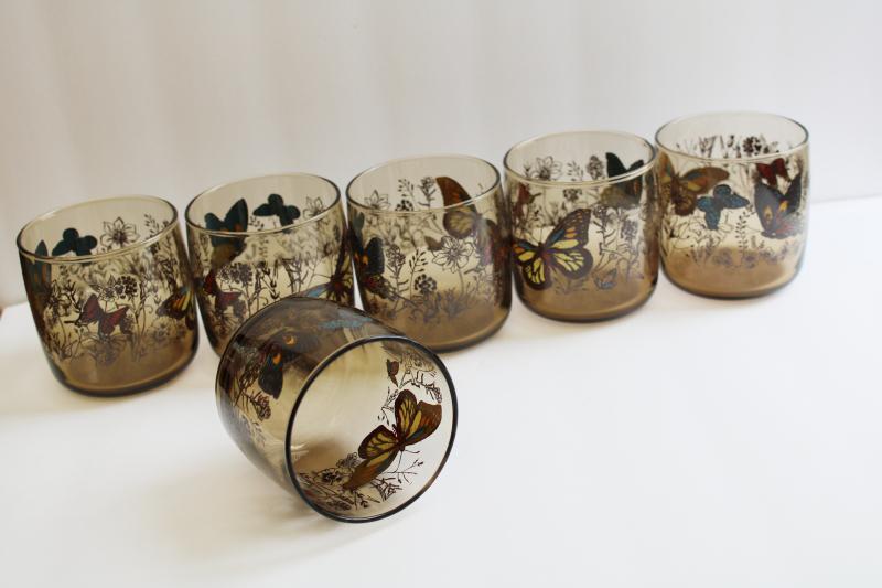 photo of 70s 80s vintage smoke brown butterfly print lowball tumblers, set of 6 drinking glasses #5