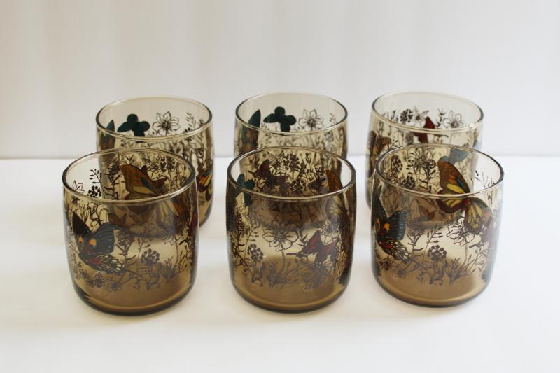 photo of 70s 80s vintage smoke brown butterfly print lowball tumblers, set of 6 drinking glasses #6