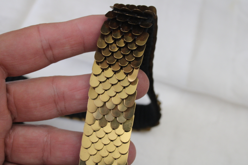photo of 70s 80s vintage stretch belt, dress or sweater belt shiny gold tone scales on elastic band #4