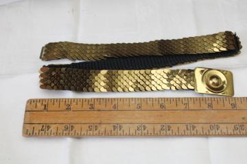 catalog photo of 70s 80s vintage stretch belt, dress or sweater belt shiny gold tone scales on elastic band 