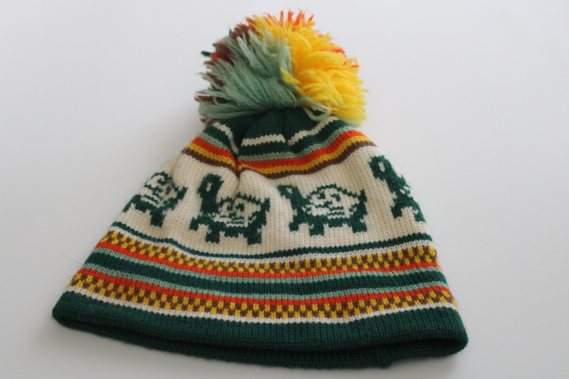 photo of 70s 80s vintage wool ski hat, turtles pattern knit hat w/ pompom Aris label #1