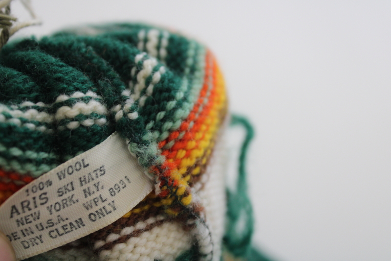 photo of 70s 80s vintage wool ski hat, turtles pattern knit hat w/ pompom Aris label #5