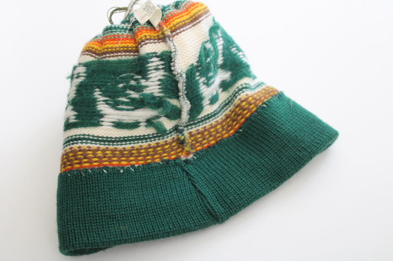 photo of 70s 80s vintage wool ski hat, turtles pattern knit hat w/ pompom Aris label #6