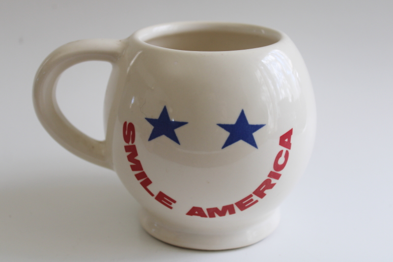 photo of 70s McCoy pottery smiley face mug, Smile America patriotic starry eyes Bicentennial vintage  #1