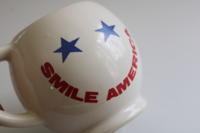 photo of 70s McCoy pottery smiley face mug, Smile America patriotic starry eyes Bicentennial vintage  #3