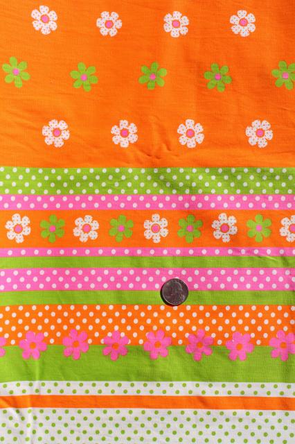 photo of 70s day-glo bright neon print fabric, cotton blend broadcloth w/ flower border #1