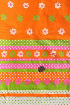 catalog photo of 70s day-glo bright neon print fabric, cotton blend broadcloth w/ flower border