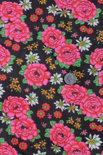 photo of 70s hippie gypsy vintage poly crepe w/ shocking pink roses floral print on black #1