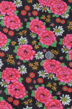 catalog photo of 70s hippie gypsy vintage poly crepe w/ shocking pink roses floral print on black