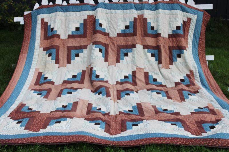 photo of 70s hippie vintage blues & browns patchwork tied quilt, queen size bedspread #1