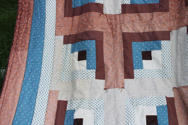 photo of 70s hippie vintage blues & browns patchwork tied quilt, queen size bedspread #3