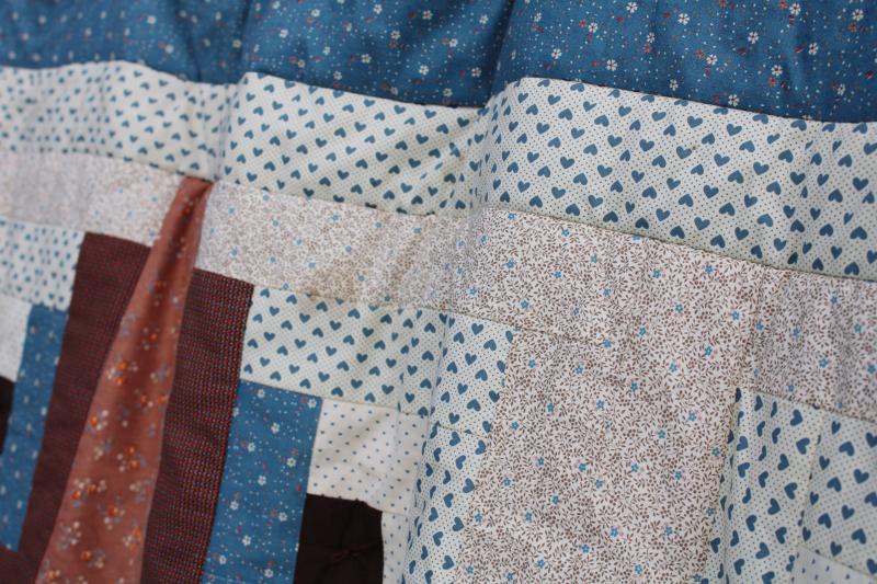 photo of 70s hippie vintage blues & browns patchwork tied quilt, queen size bedspread #4