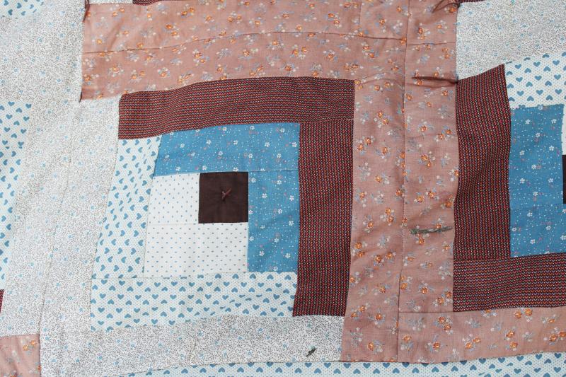 photo of 70s hippie vintage blues & browns patchwork tied quilt, queen size bedspread #5