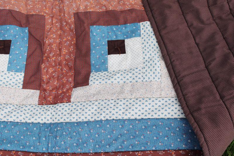 photo of 70s hippie vintage blues & browns patchwork tied quilt, queen size bedspread #7