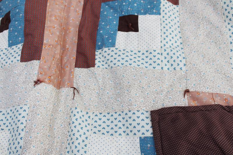 photo of 70s hippie vintage blues & browns patchwork tied quilt, queen size bedspread #8