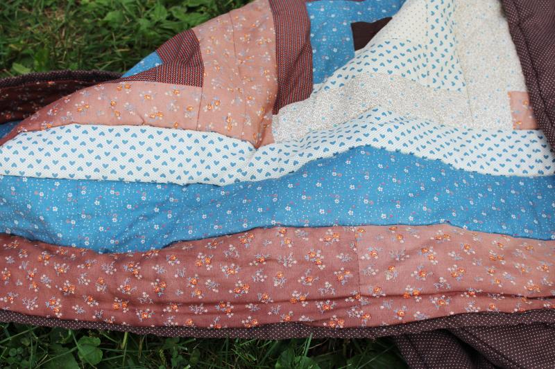 photo of 70s hippie vintage blues & browns patchwork tied quilt, queen size bedspread #9