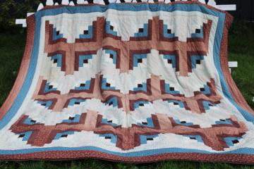 catalog photo of 70s hippie vintage blues & browns patchwork tied quilt, queen size bedspread