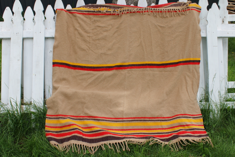 photo of 70s hippie vintage camp blanket, fringed striped throw southwest Indian blanket style #1