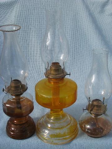 photo of 70s homesteading vintage glass oil lamps w/ shades, kerosene lamp lot #1