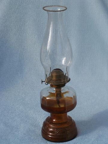 photo of 70s homesteading vintage glass oil lamps w/ shades, kerosene lamp lot #6