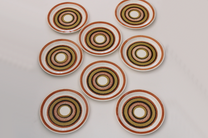 photo of 70s mod bullseye pattern salad plates set of 8, Inca rust brown earth tones vintage Jamestown china  #1