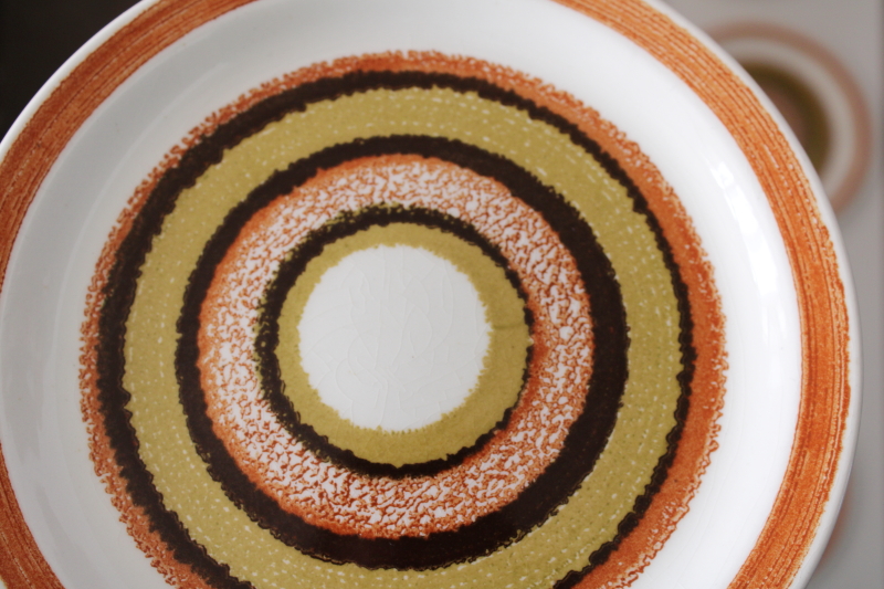photo of 70s mod bullseye pattern salad plates set of 8, Inca rust brown earth tones vintage Jamestown china  #4