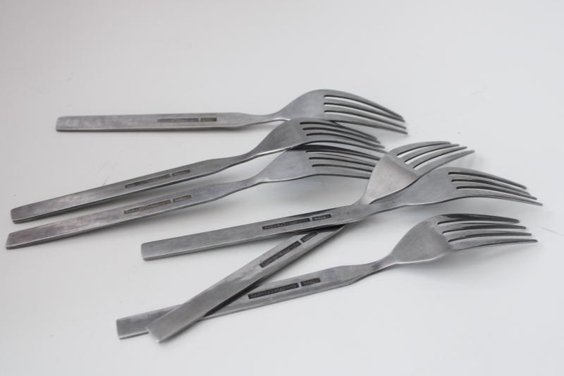 photo of 70s mod flatware, set of six dinner forks, vintage HMC household stainless silverware #4