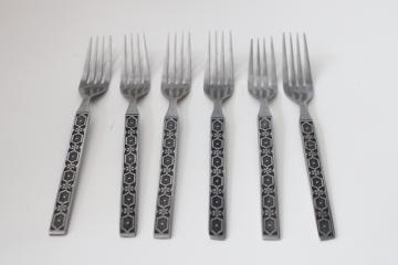 catalog photo of 70s mod flatware, set of six dinner forks, vintage HMC household stainless silverware