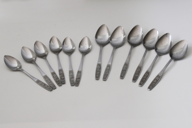 photo of 70s mod floral pattern stainless flatware lot soup & tea spoons, Customcraft Japan CUS10 #1