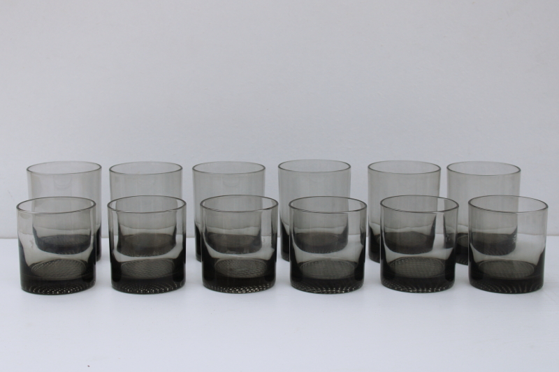 photo of 70s mod smoke grey glass drinking glasses set, old fashioneds doubles lowball tumblers #1