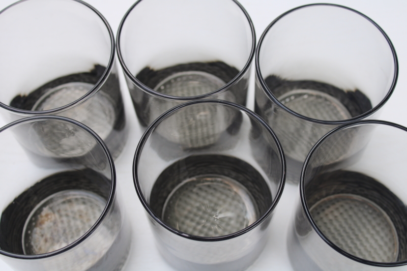 photo of 70s mod smoke grey glass drinking glasses set, old fashioneds doubles lowball tumblers #2