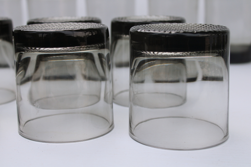 photo of 70s mod smoke grey glass drinking glasses set, old fashioneds doubles lowball tumblers #7