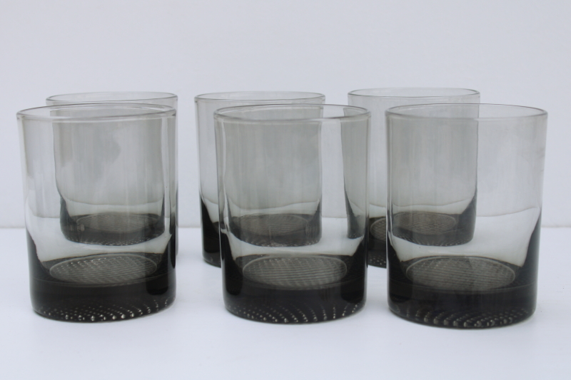 photo of 70s mod smoke grey glass drinking glasses set, old fashioneds doubles lowball tumblers #9