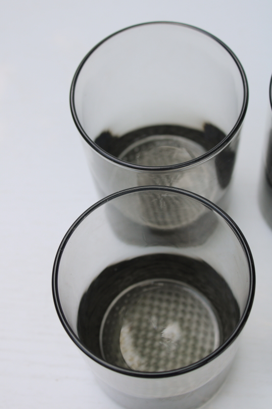 photo of 70s mod smoke grey glass drinking glasses set, old fashioneds doubles lowball tumblers #12