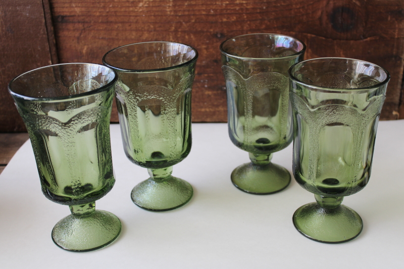 photo of 70s mod vintage Fostoria woodland green footed tumblers, chunky glass drinking glasses #1