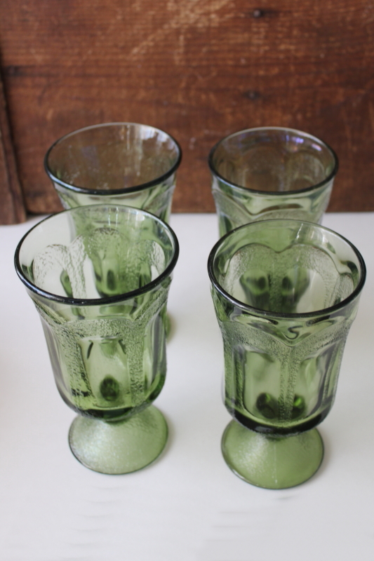 photo of 70s mod vintage Fostoria woodland green footed tumblers, chunky glass drinking glasses #4
